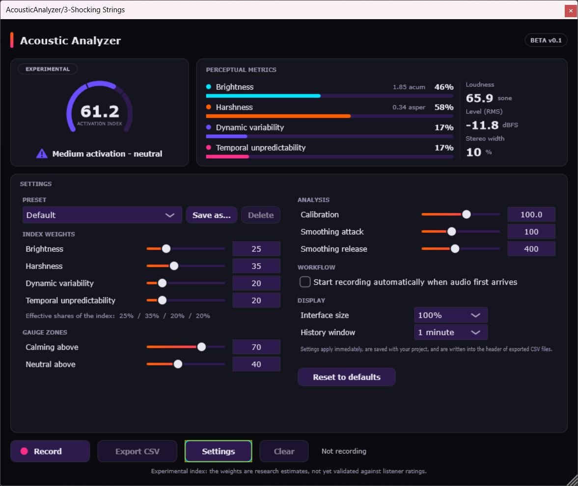 Acoustic Analyzer settings panel with weight presets, index weights, gauge zones, calibration and smoothing controls