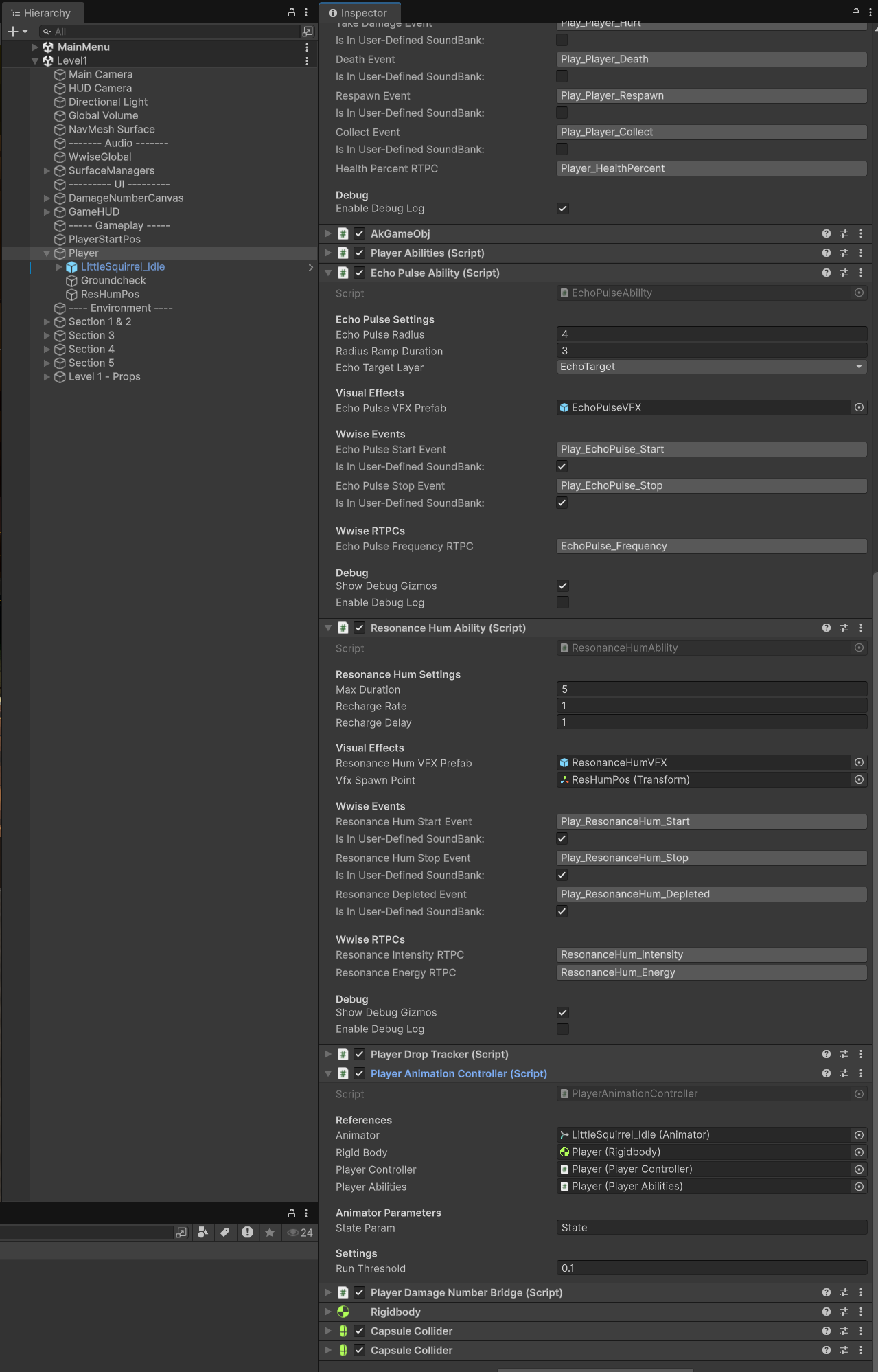 Echo Pulse ability inspector with Wwise event and RTPC bindings