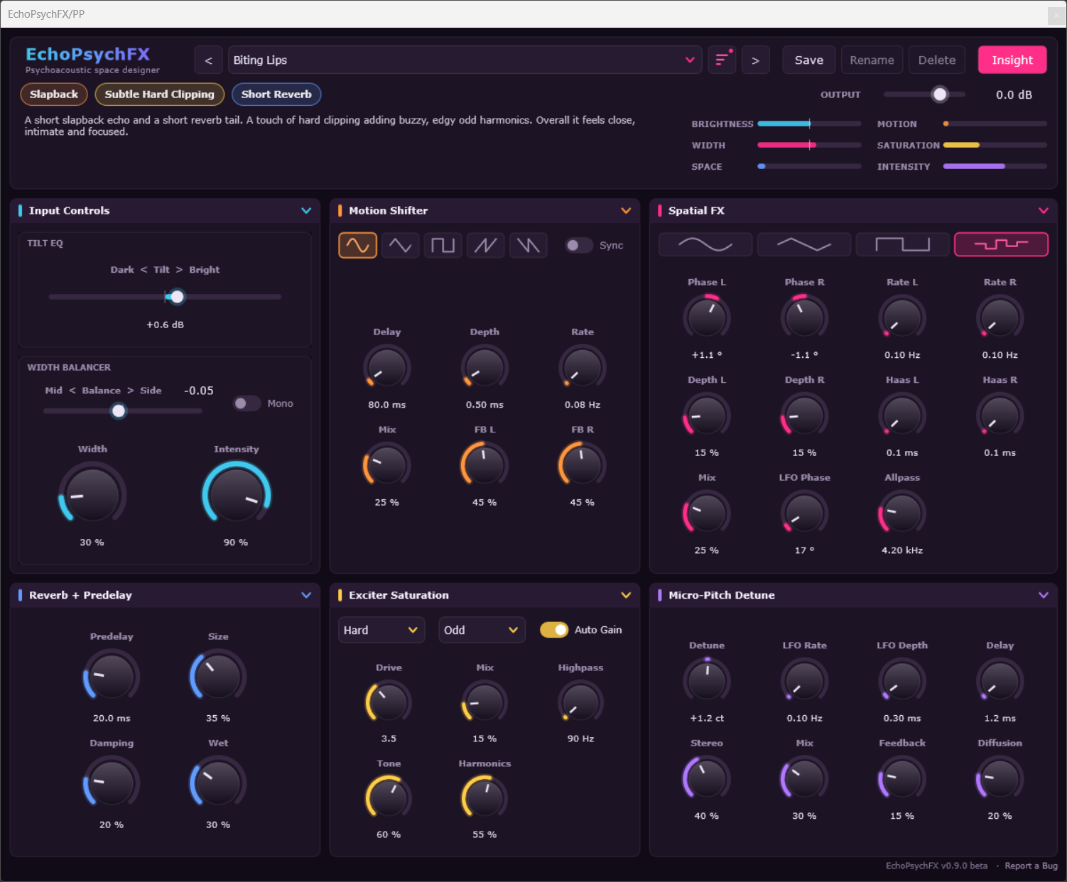 EchoPsychFX Biting Lips preset: close, intimate and focused with a short slapback and light hard clipping