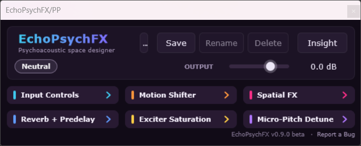 EchoPsychFX plugin window with all six sections collapsed into a compact strip