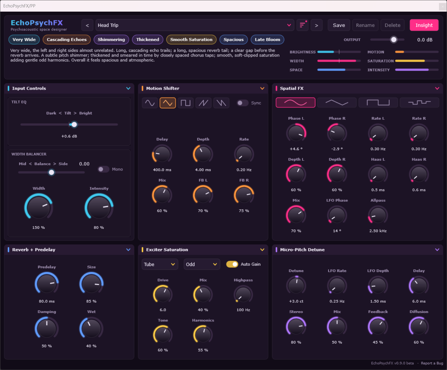 EchoPsychFX Head Trip preset with the stereo Width knob at 150 percent and long cascading echoes
