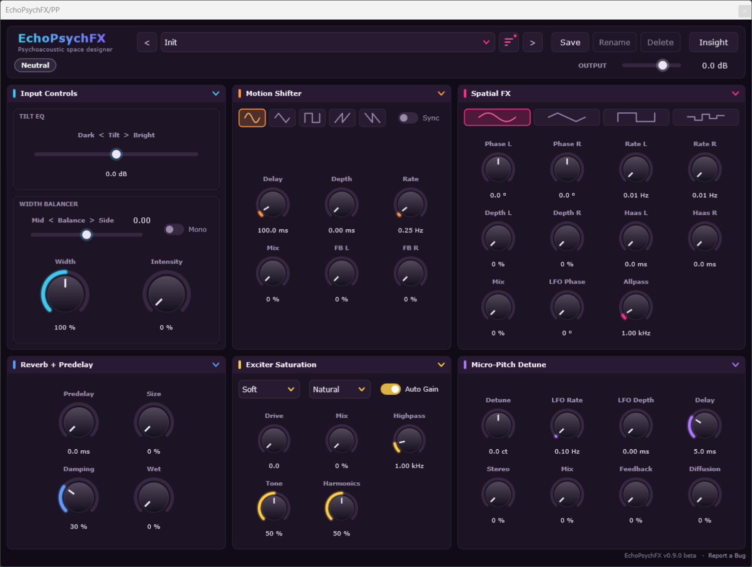 EchoPsychFX Init preset with every effect mix at zero and the Neutral chip