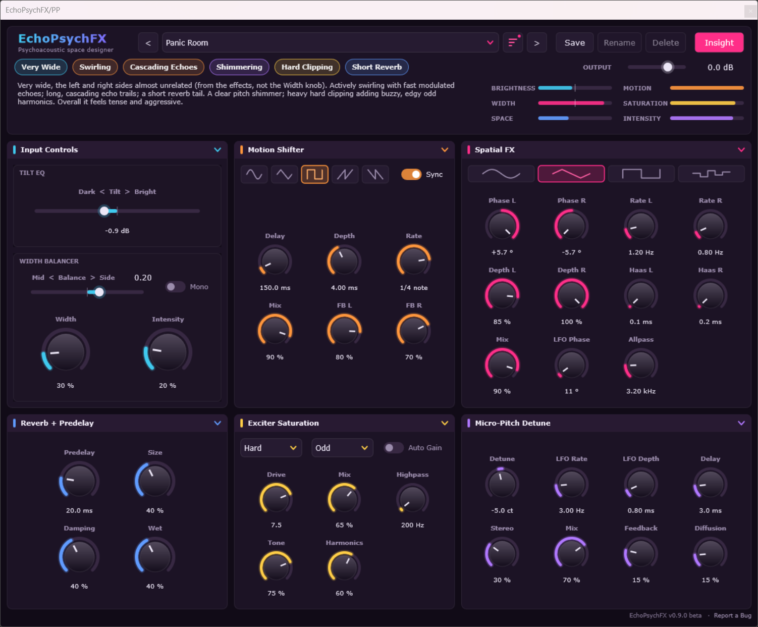 EchoPsychFX Panic Room preset with tempo-synced square wave modulation and hard clipping