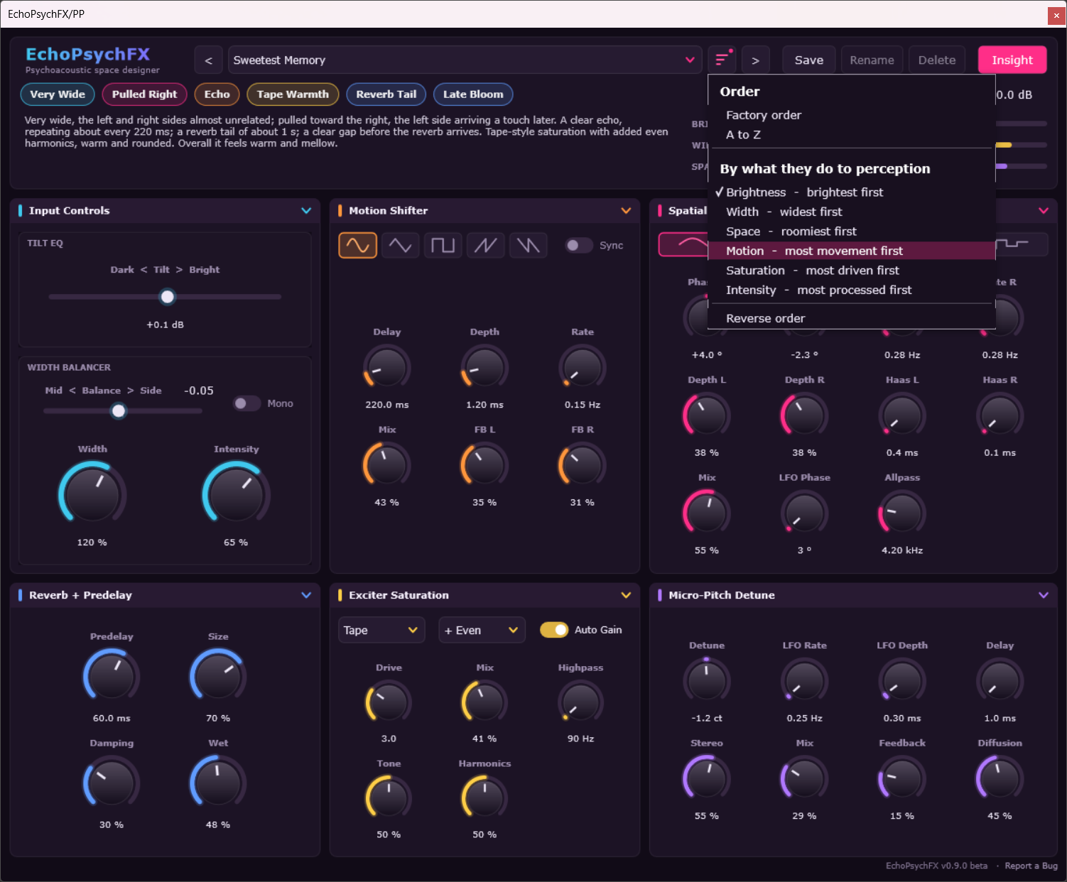 EchoPsychFX preset order menu sorting presets by brightness, width, space, motion, saturation or intensity