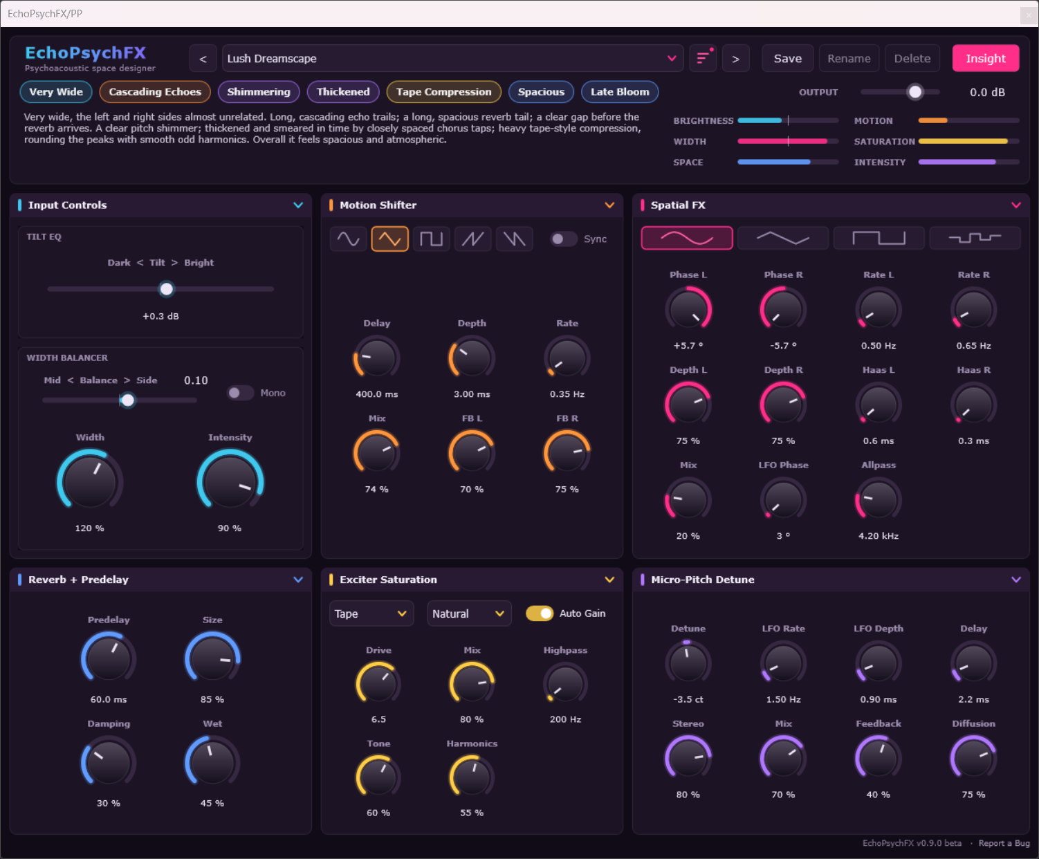 EchoPsychFX psychoacoustic plugin main interface with the Lush Dreamscape preset and the Insight panel