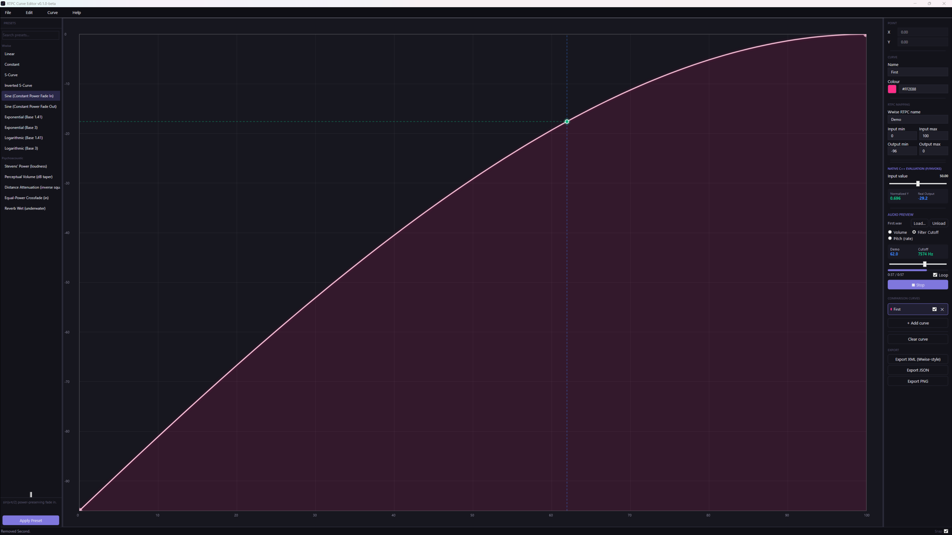 RTPC Curve Editor audio preview mapping the curve to a filter cutoff in Hz, with volume and pitch as the other targets