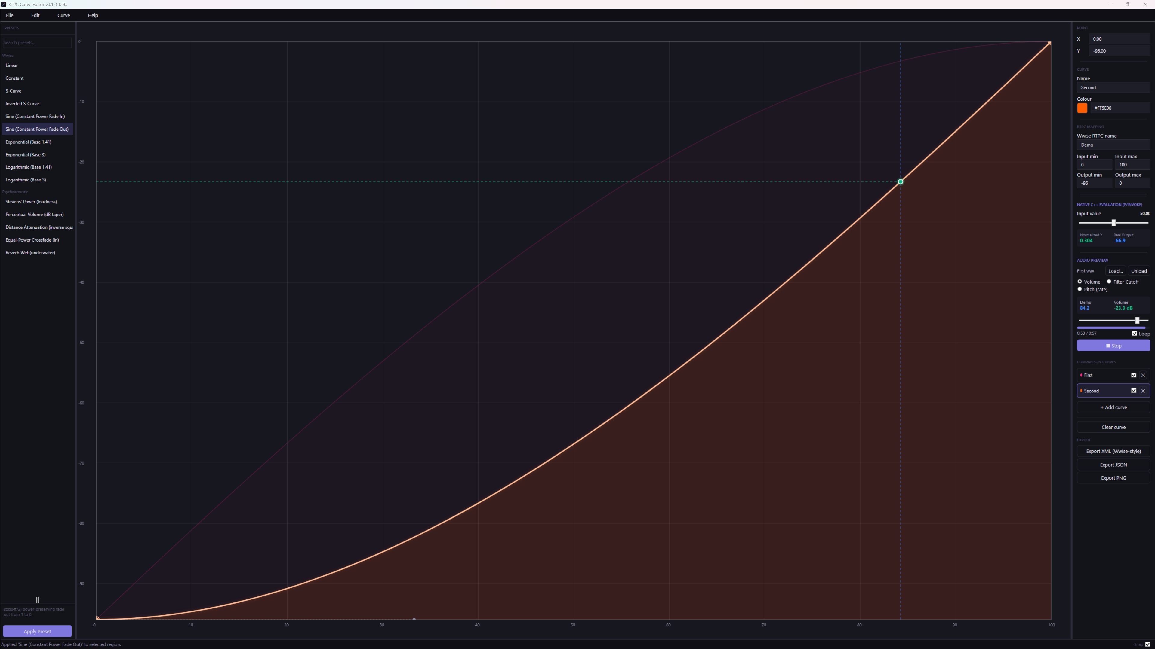 RTPC Curve Editor comparing a sine fade-in curve and a sine fade-out curve overlaid on the same canvas