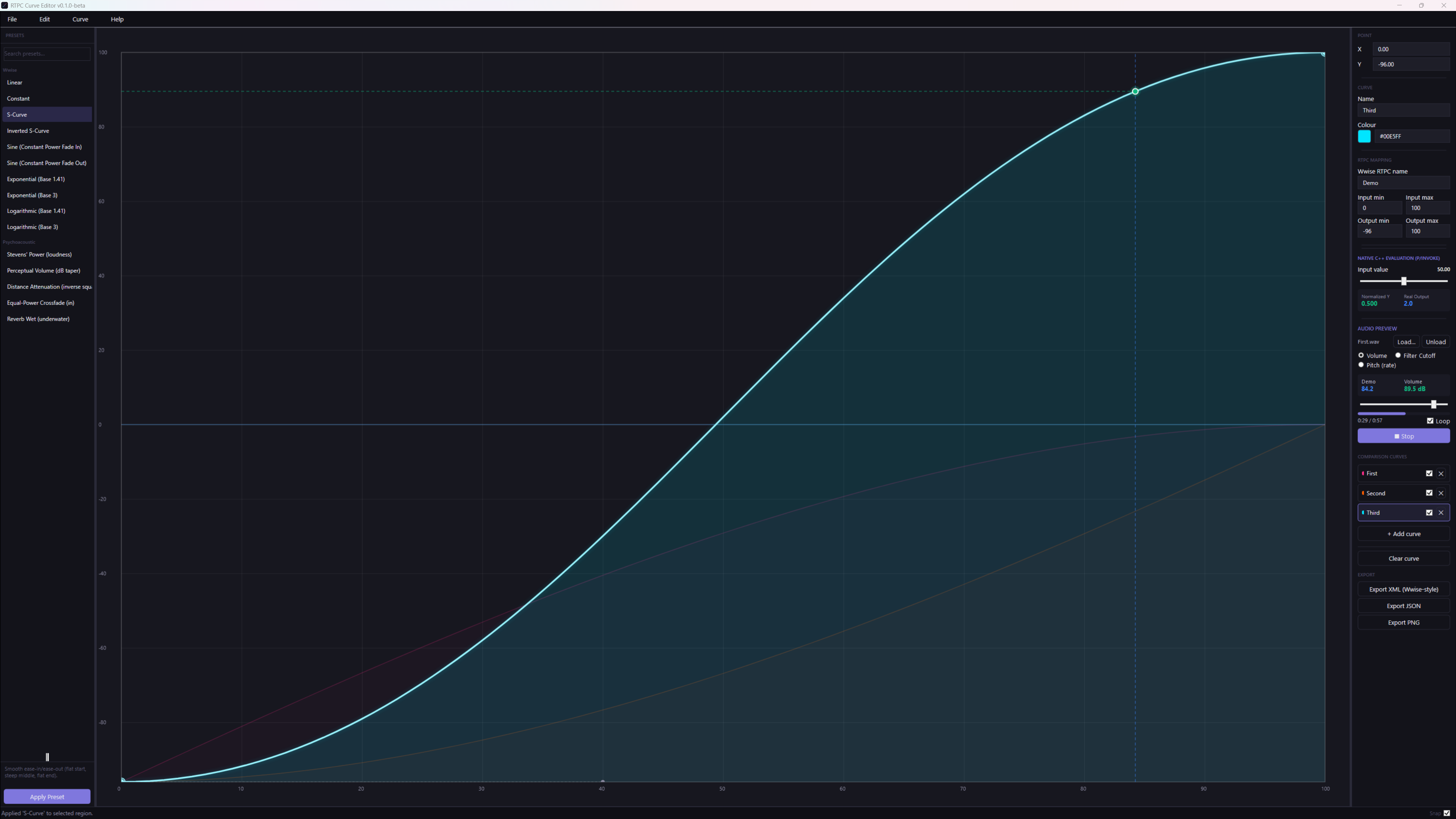 RTPC Curve Editor with three overlaid curves, the S-curve mapped to a custom output range of -96 to 100