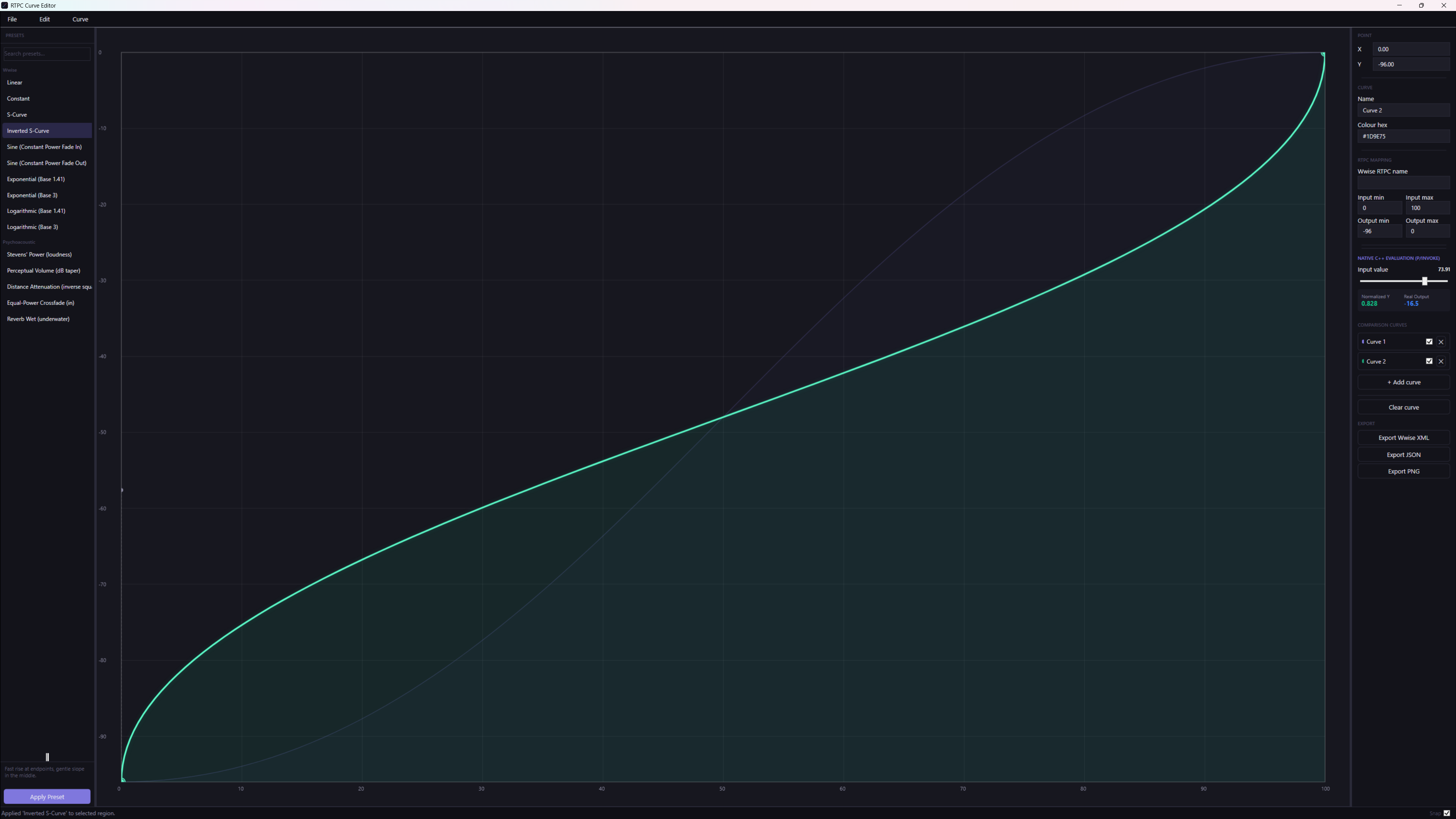 RTPC Curve Editor — two comparison curves overlaid on the same canvas