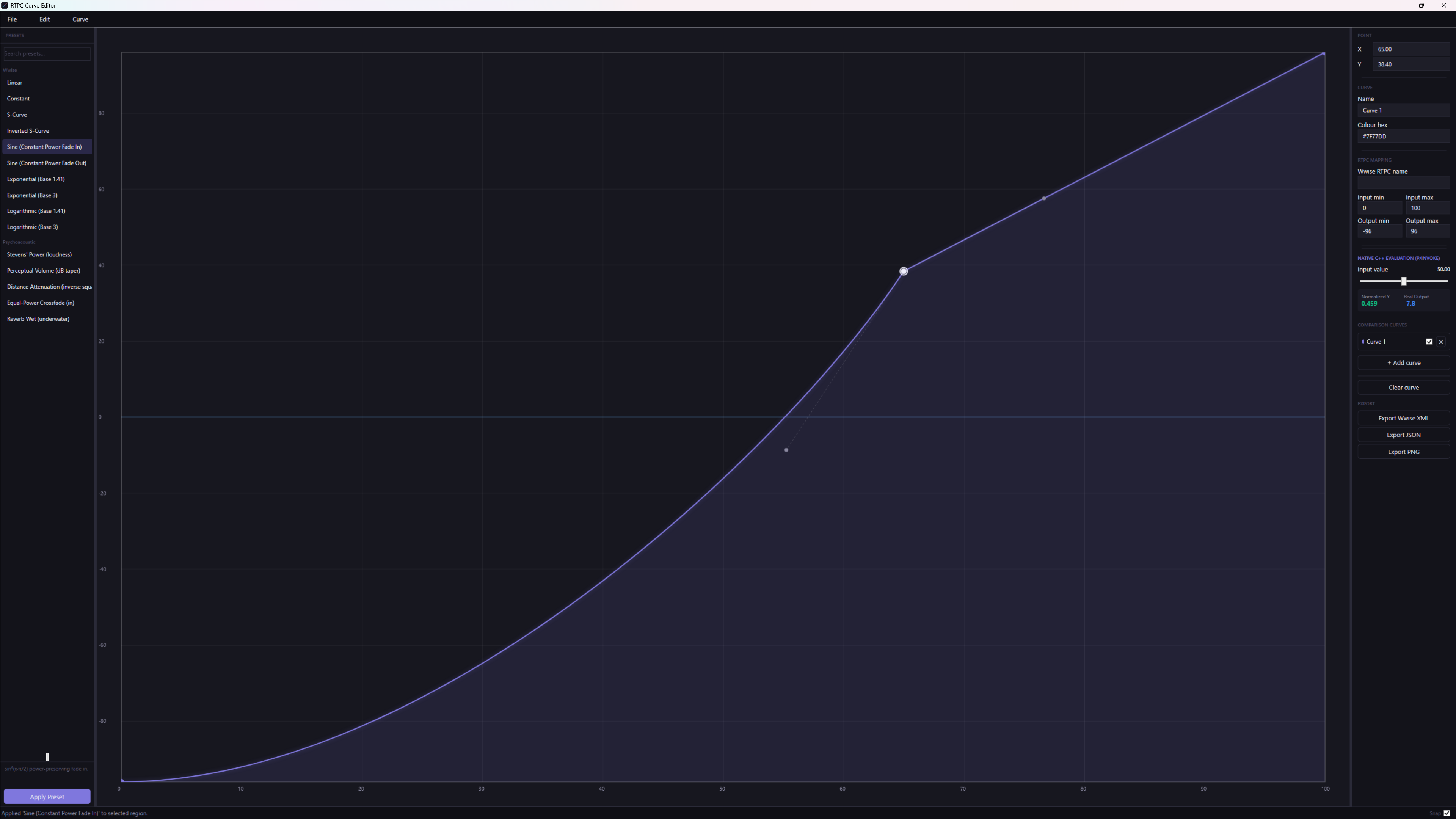 RTPC Curve Editor — Sine constant-power fade-in preset applied to a curve