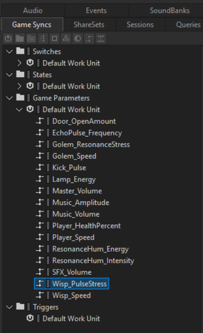 Wwise Game Syncs list of RTPC parameters driving music and shaders
